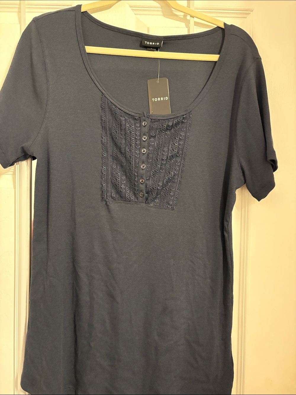 torrid navy short sleeve scoop tee with lace button placket